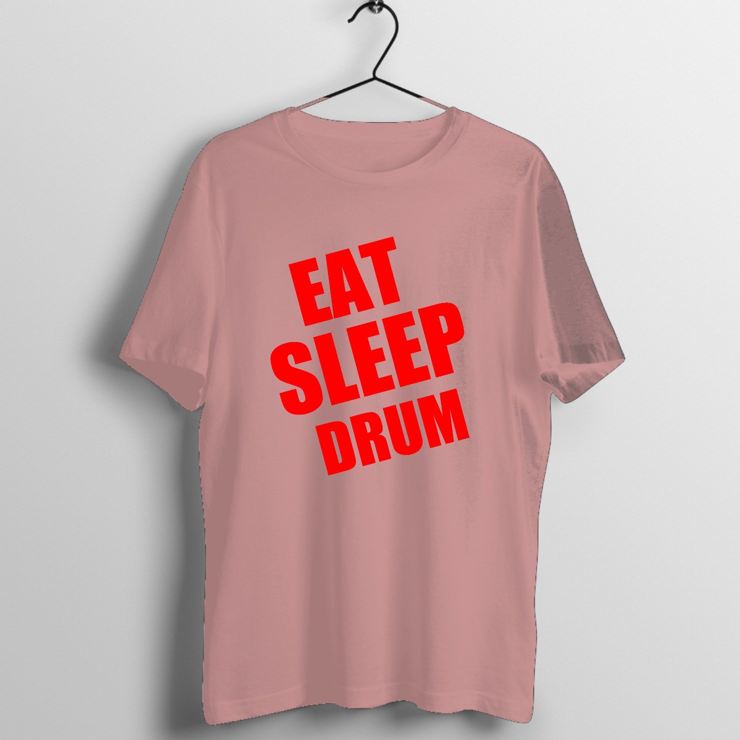 Bold red 'Eat Sleep Drum' text graphic printed on premium cotton drummer t-shirt - Front Mockup