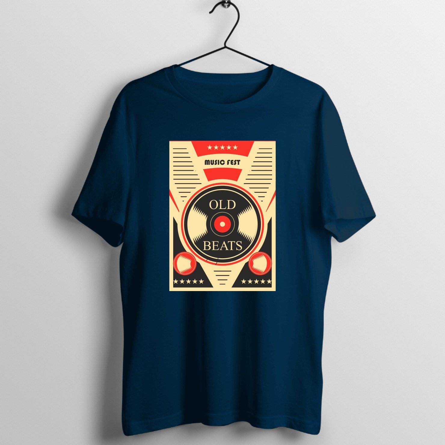 Retro vintage music fest poster design featuring a vinyl record, stars, and 'Old Beats' typography printed on premium rock music graphic t-shirt - Front Mockup
