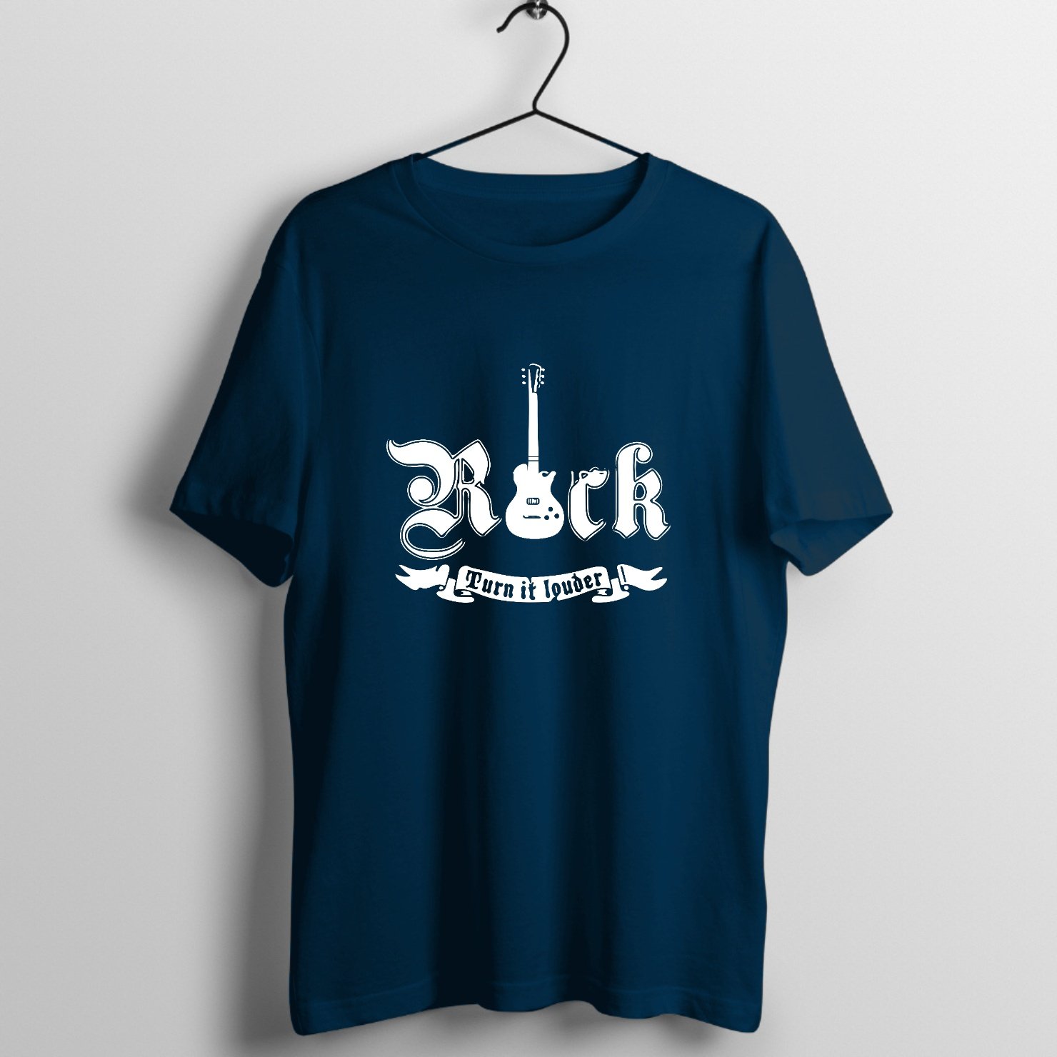 Vintage rock guitarist typography with electric guitar illustration and retro text graphic print on premium rock music graphic t-shirt - Front Mockup