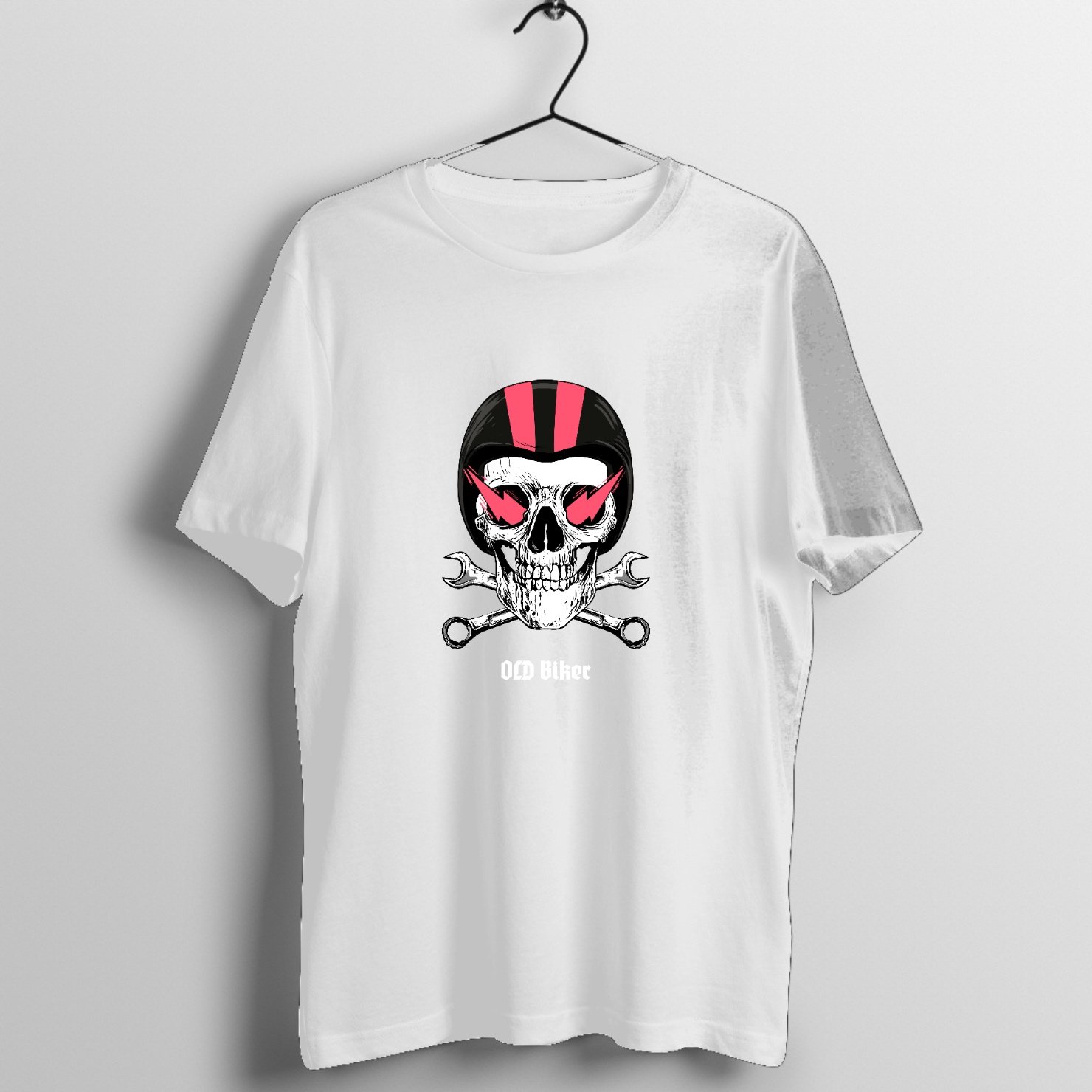 Black and pink biker helmet skull with crossed wrenches graphic print on premium rock music graphic t-shirt - Front Mockup