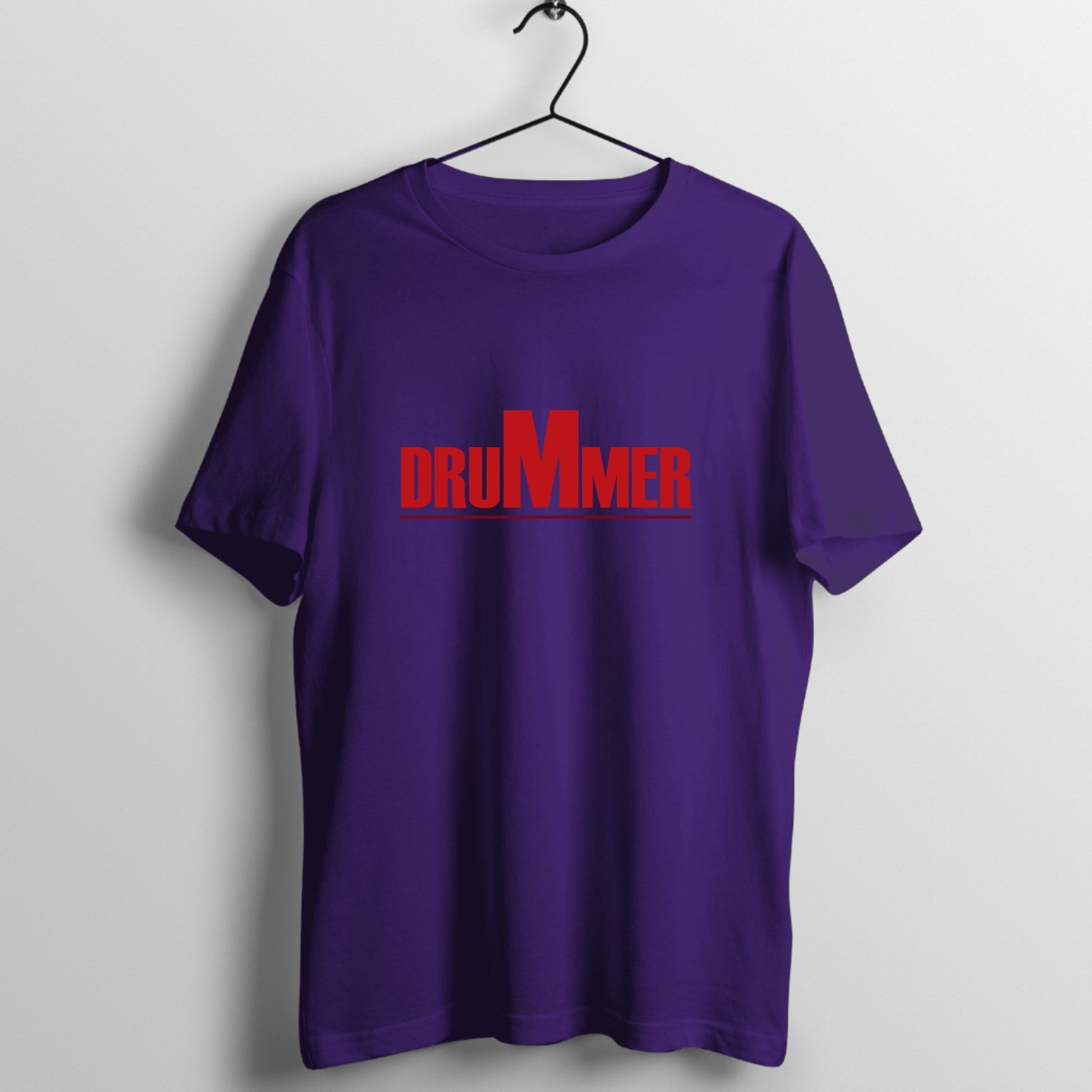 Bold red DRUMMER typography graphic printed on premium cotton t-shirt - Front Mockup