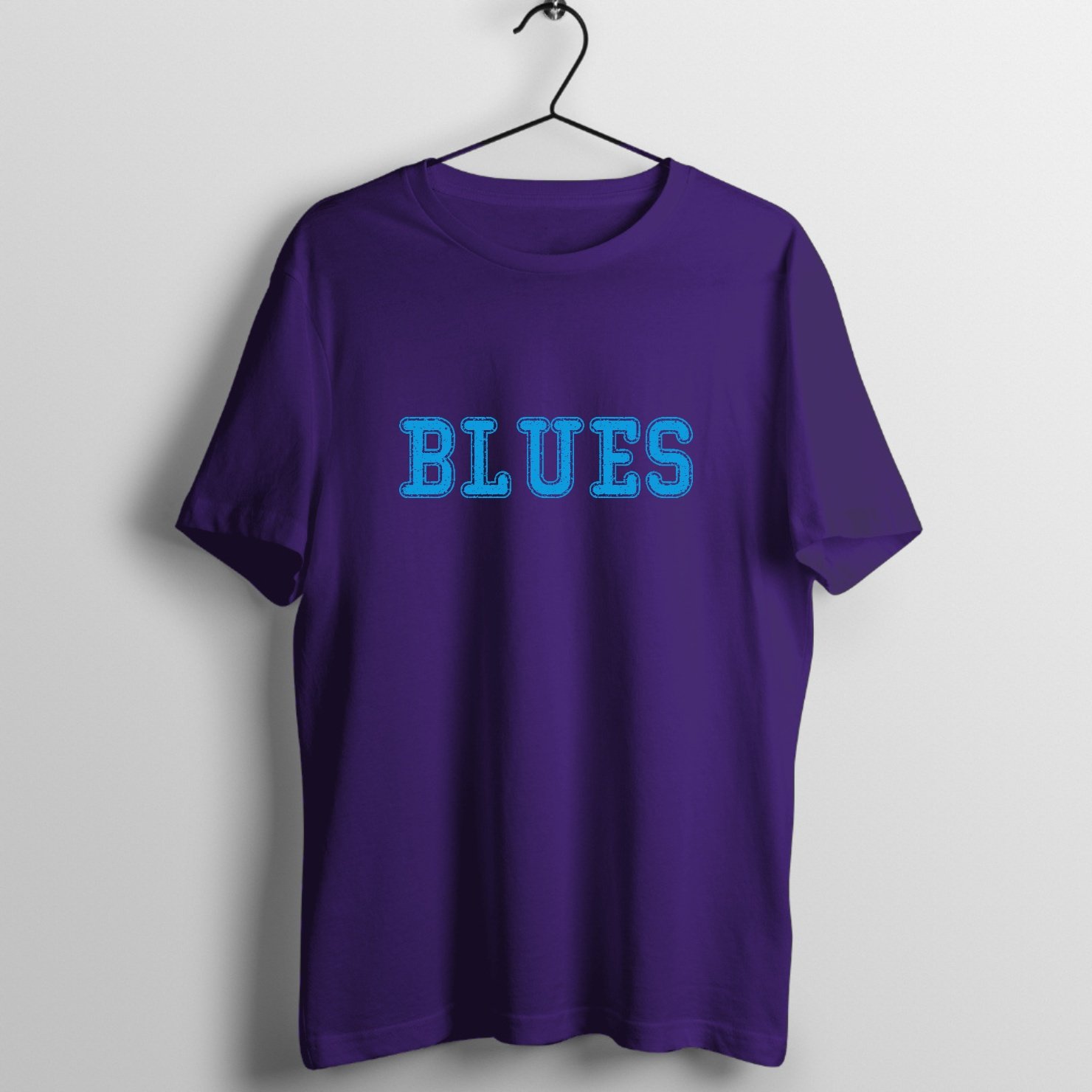 Vintage distressed blues typography graphic print on premium cotton t-shirt - Front Mockup