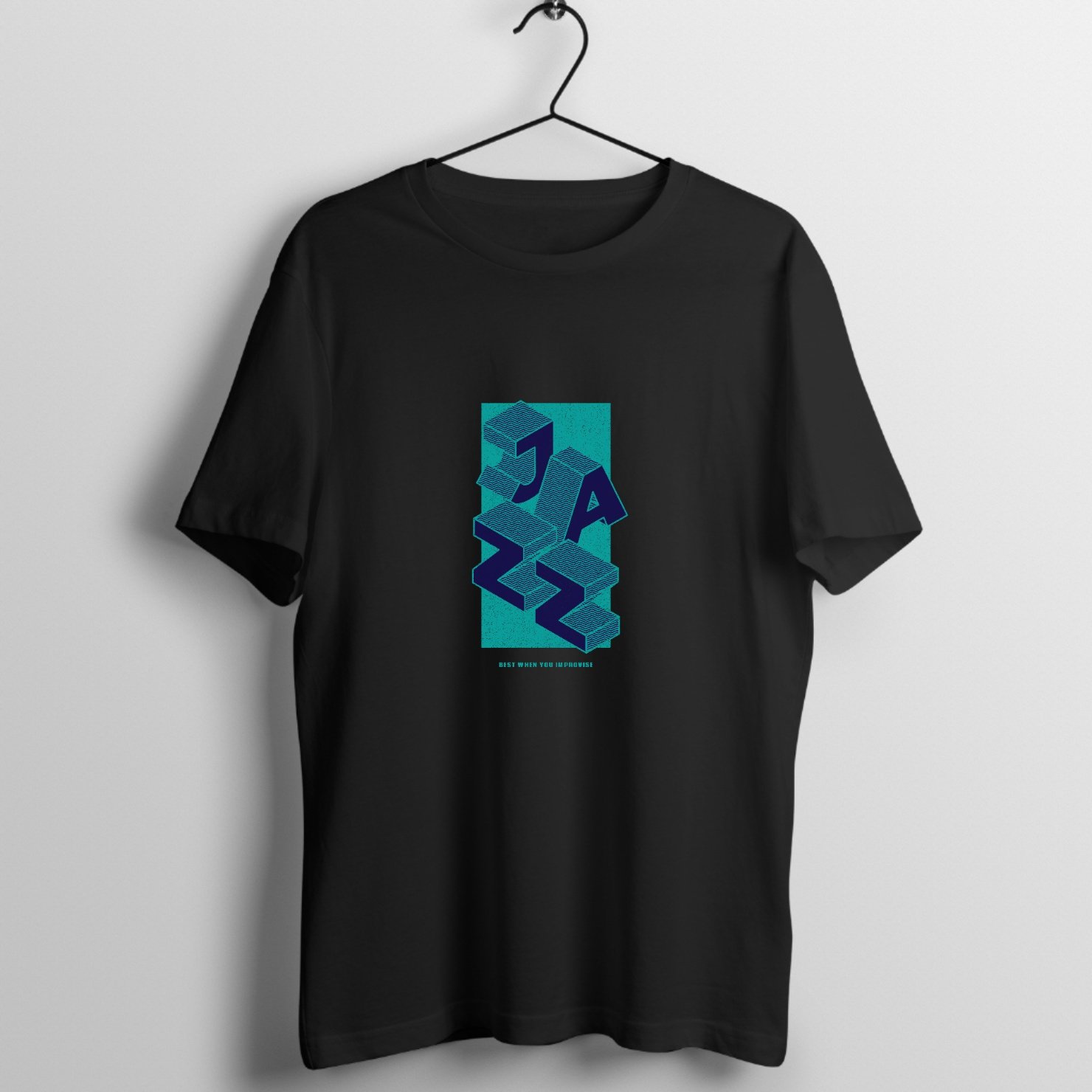 Stylized 3D jazz typography with waves graphic print on premium cotton t-shirt - Front Mockup