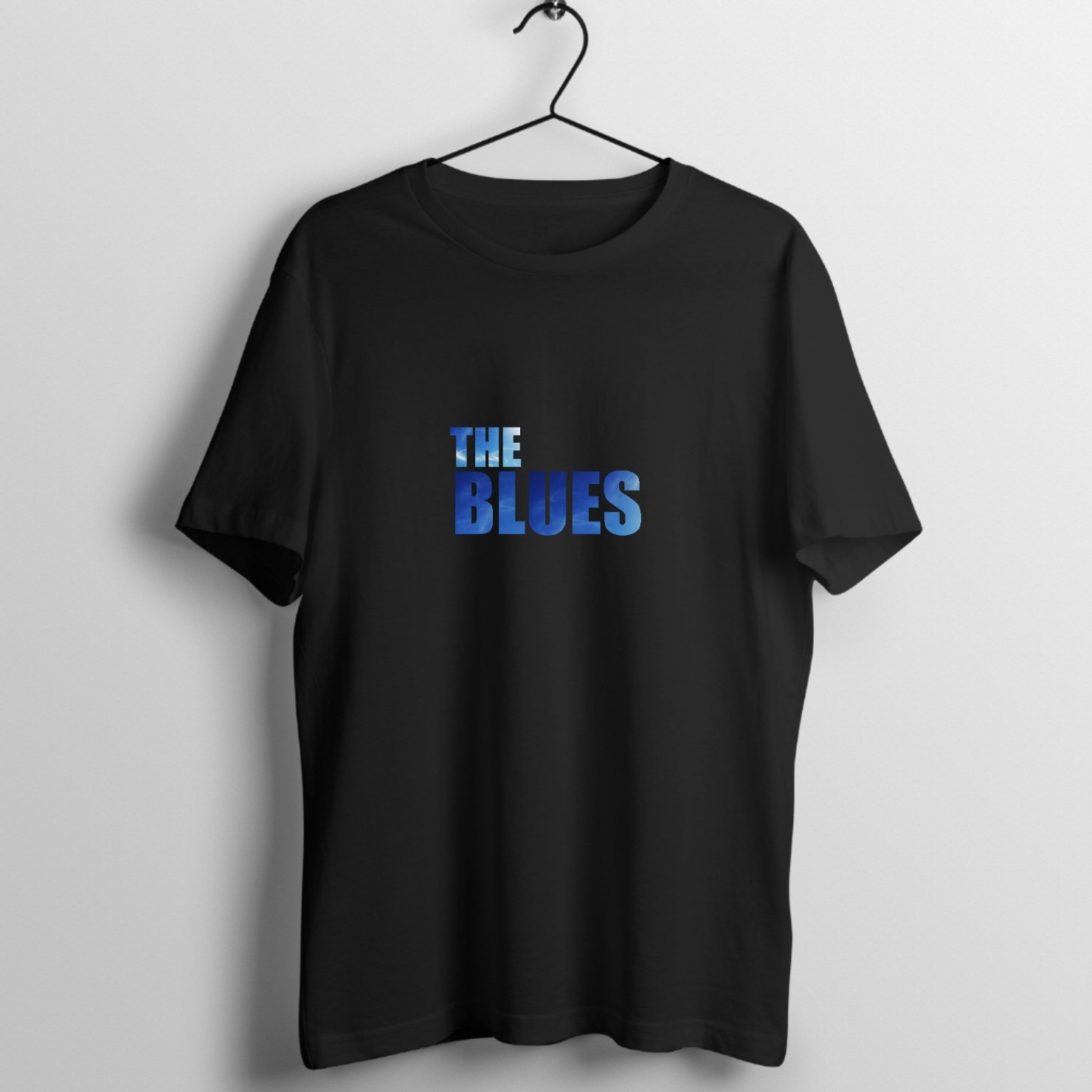 Stylized text 'The Blues' with a blue gradient printed on premium blues music graphic t-shirt - Front Mockup