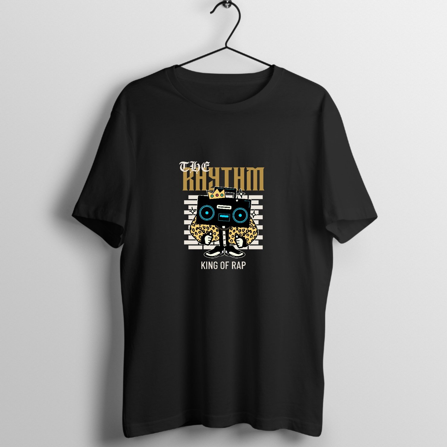 King Of Rap The Rhythm T Shirt Mockup Of A Cool Man With A Hat And A Retro Jacket 24726 - Music Merchandise Graphic T-Shirt - Official Hip Hop Music Merchandise Graphic T-Shirt Mockup (BA-50355)