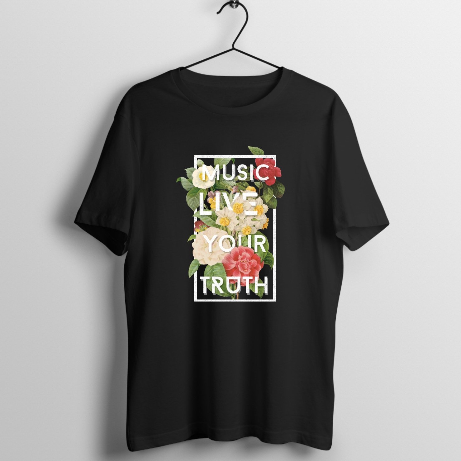 Vibrant bouquet of red, white, and yellow flowers with bold 'Music Live Your Truth' typography printed on premium rock music graphic t-shirt - Front Mockup