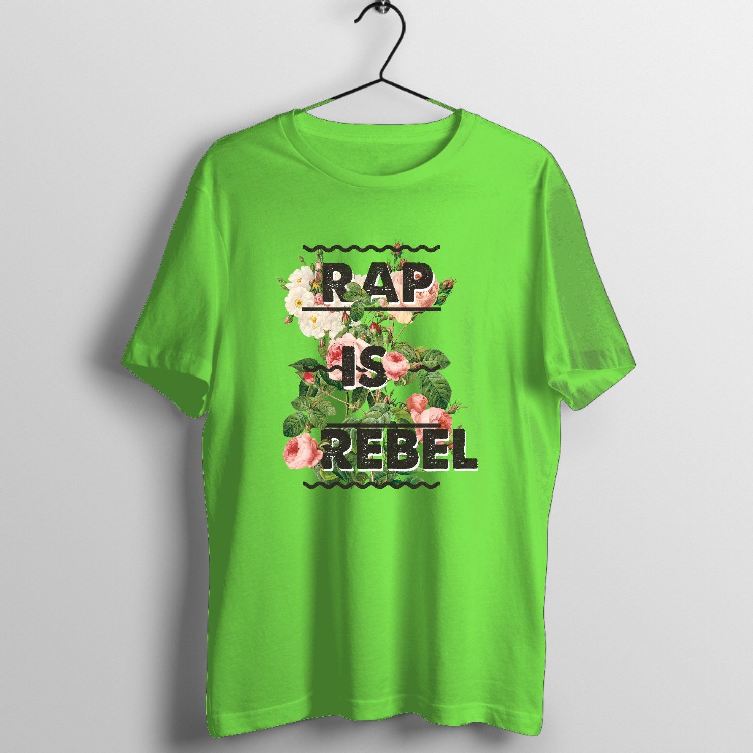 Vintage floral bouquet with bold distressed 'RAP IS REBEL' typography graphic print on premium hip hop t-shirt - Front Mockup