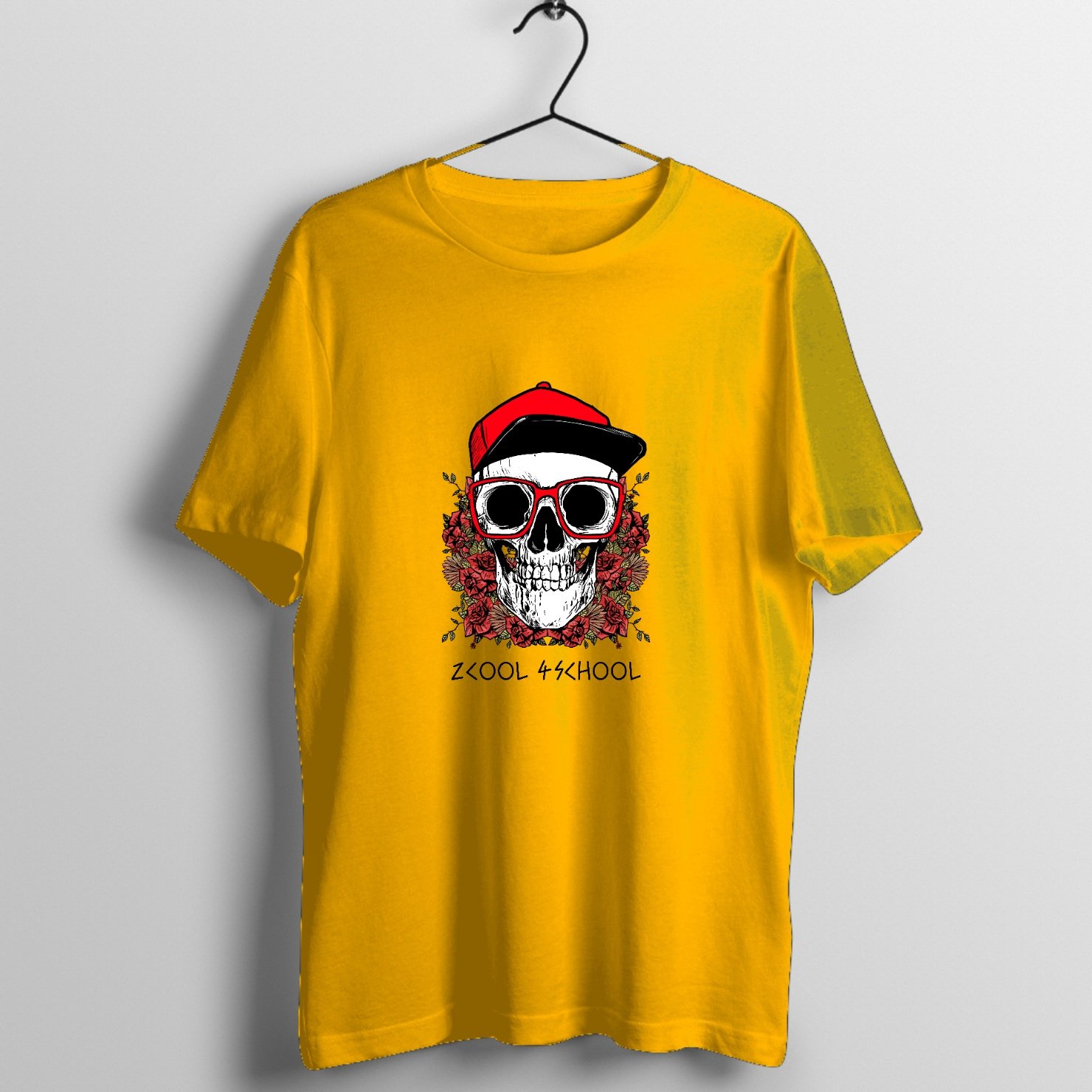Hip hop skull wearing red cap and glasses surrounded by red roses graphic print on premium rock music graphic t-shirt - Front Mockup