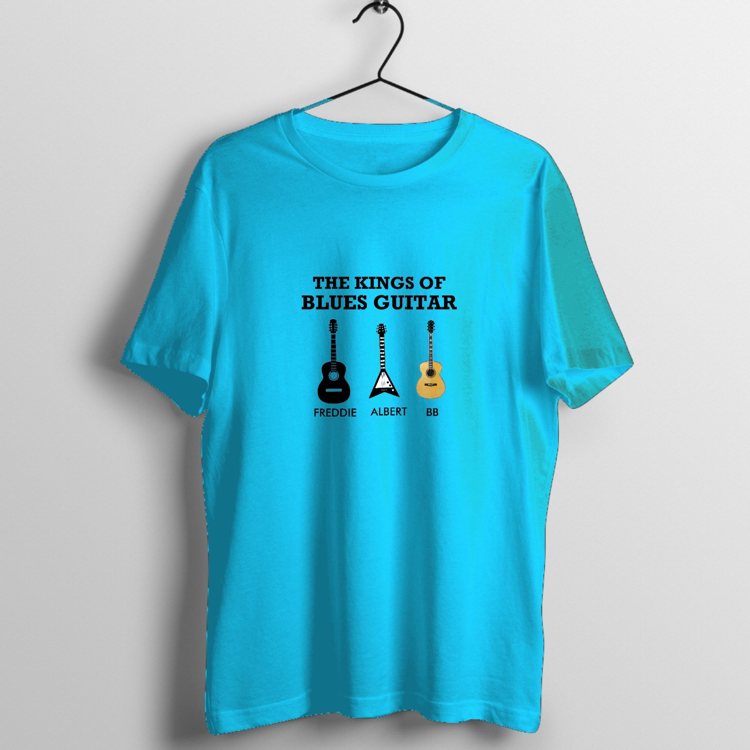 Illustration of iconic blues guitars representing Freddie, Albert, and BB printed on premium graphic t-shirt - Front Mockup