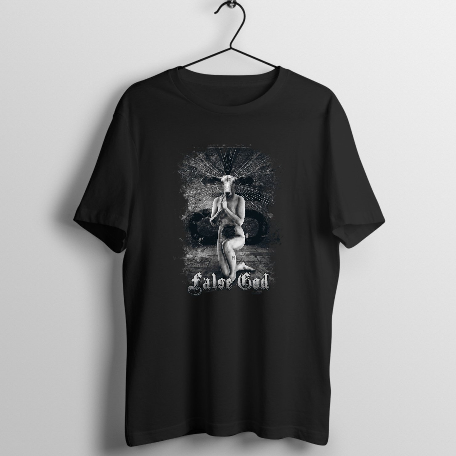 False God Txt Graphic T-Shirt printed on premium rock music graphic t-shirt - Front Mockup