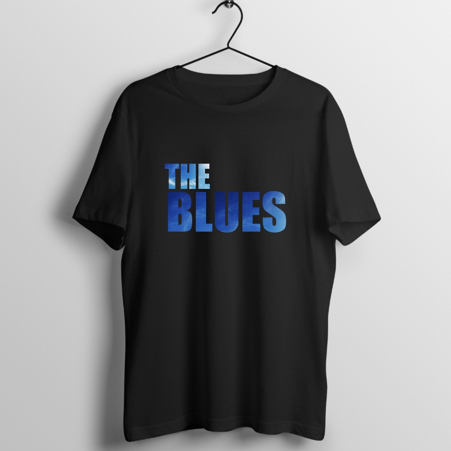 Stylish typography design featuring 'The Blues' in blue gradient on premium cotton graphic t-shirt - Front Mockup