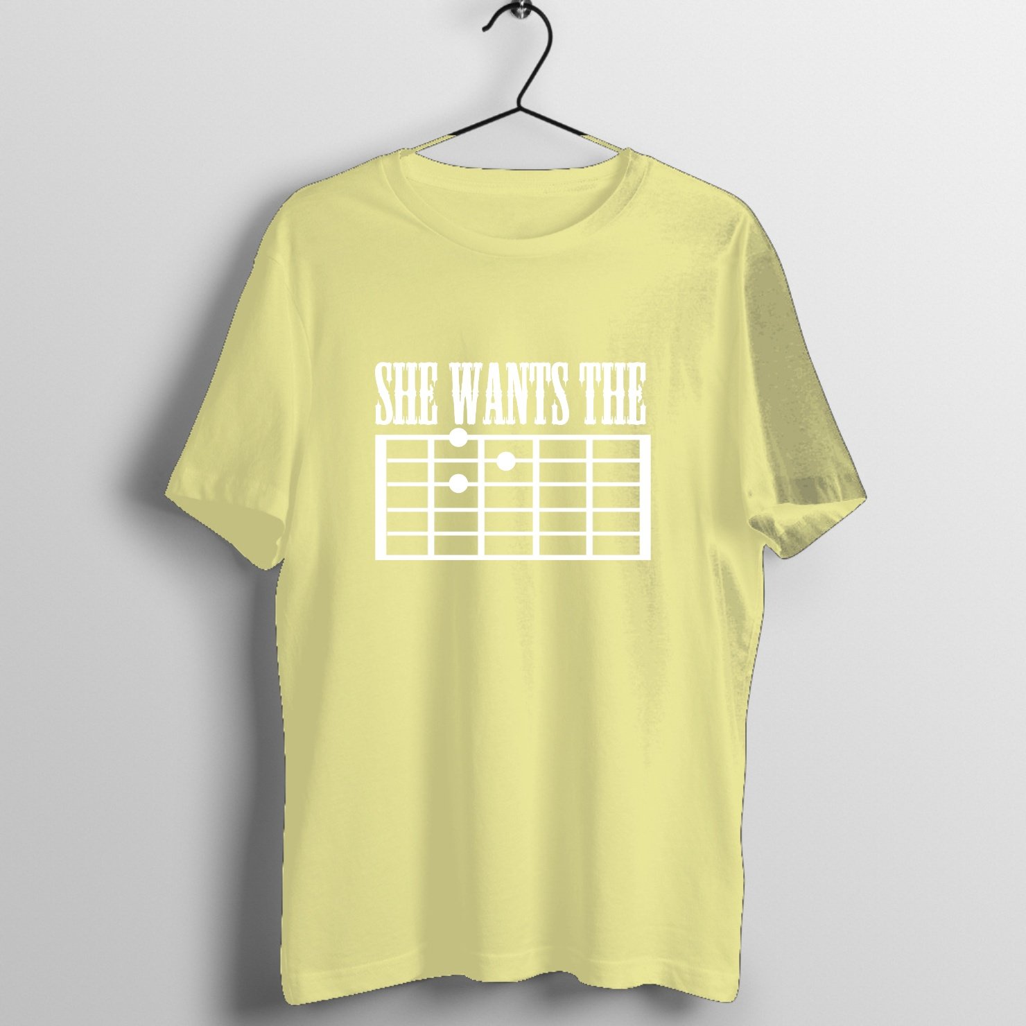She Wants The D Graphic T-Shirt printed on premium rock music graphic t-shirt - Front Mockup