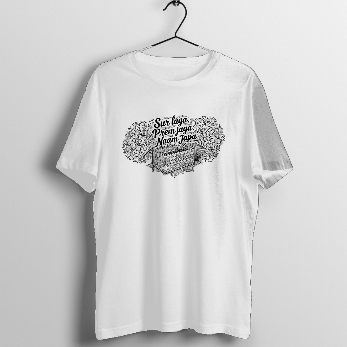 Sur Laga Prem Jaga Naam Japa Harmonium T-Shirt | Bhajan Tee - Official Music Merchandise - Official Tabla Music Merchandise Graphic T-Shirt Mockup (BA-N66RN001J6)
