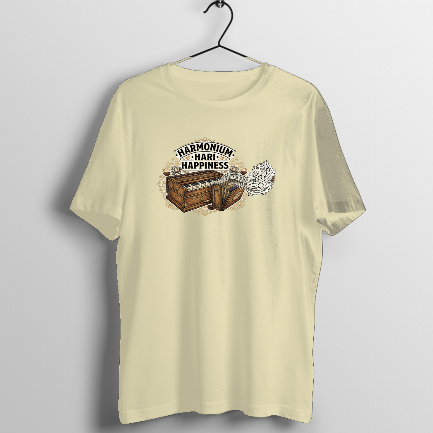 Harmonium Hari Happiness T-Shirt | Bhakti Music Harmonium Tee - Official Music Merchandise - Official Tabla Music Merchandise Graphic T-Shirt Mockup (BA-N66UL002J6)