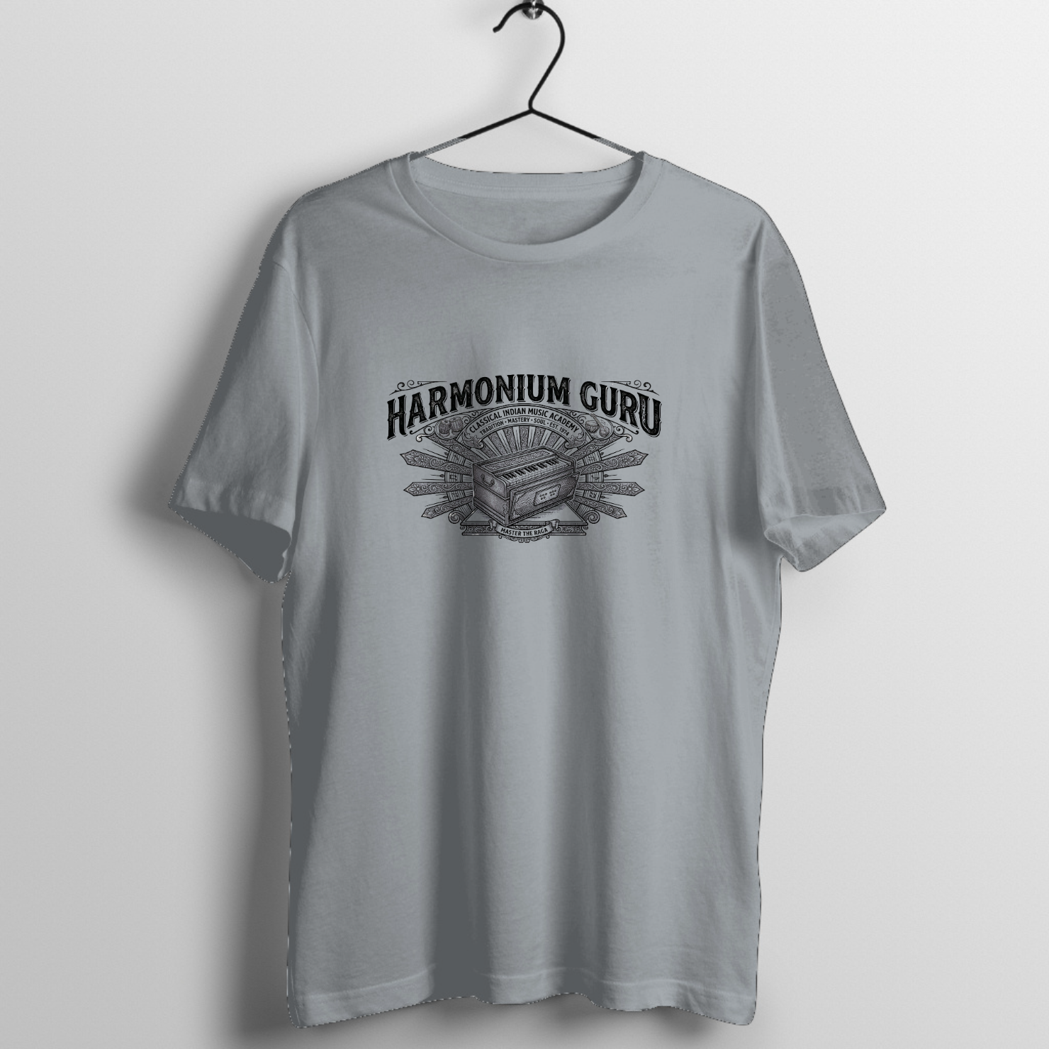 Harmonium Guru T-Shirt | Classical Indian Music Academy Vintage Tee - Official Music Merchandise - Official Tabla Music Merchandise Graphic T-Shirt Mockup (BA-N670E00481)