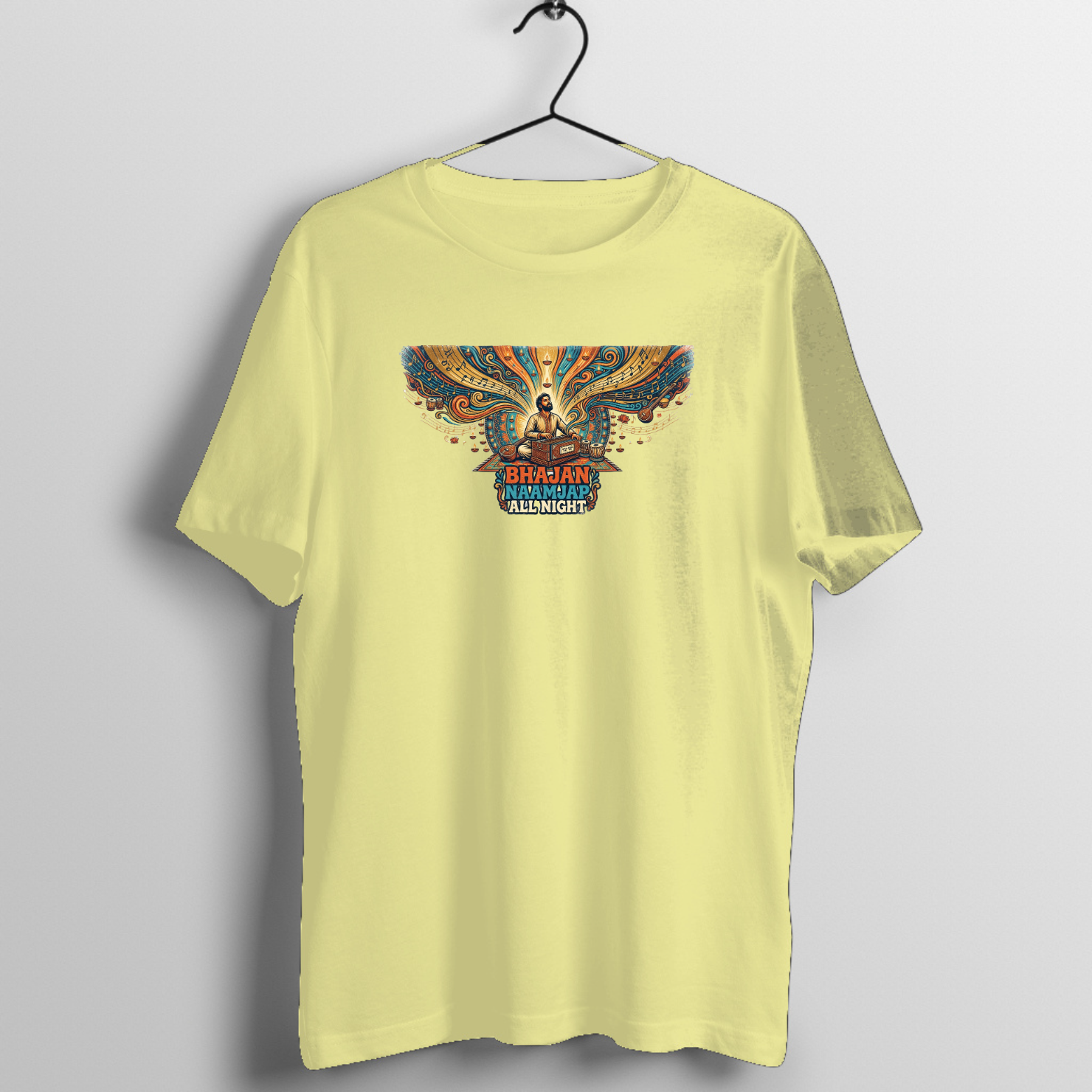 Bhakti Mode On Harmonium & Tabla T-Shirt | Colorful Bhajan Tee - Official Music Merchandise - Official Tabla Music Merchandise Graphic T-Shirt Mockup (BA-N6790007DF)