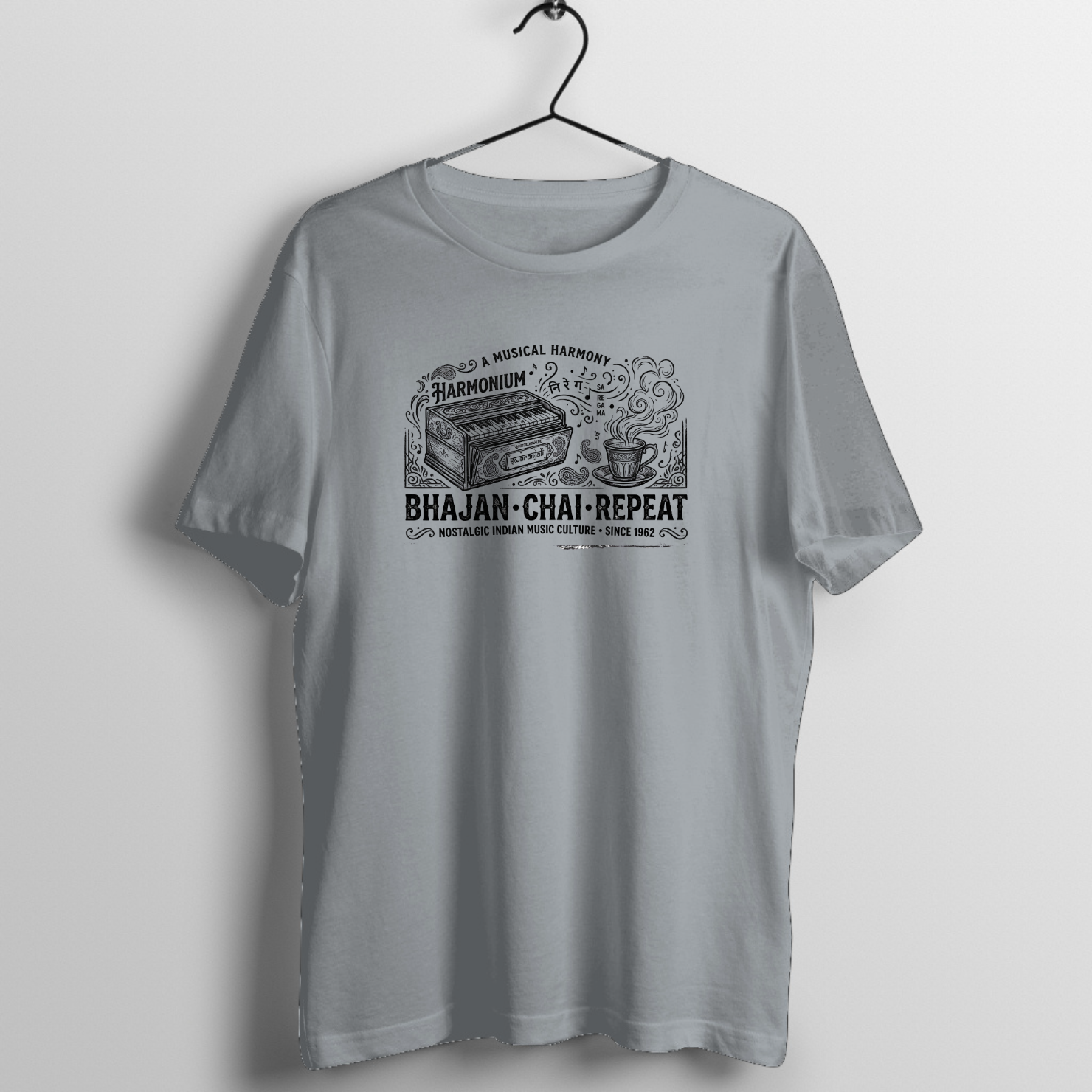 Bhajan Chai Repeat Harmonium T-Shirt | Funny Indian Music Tee - Official Music Merchandise - Official Tabla Music Merchandise Graphic T-Shirt Mockup (BA-N67KB009O0)