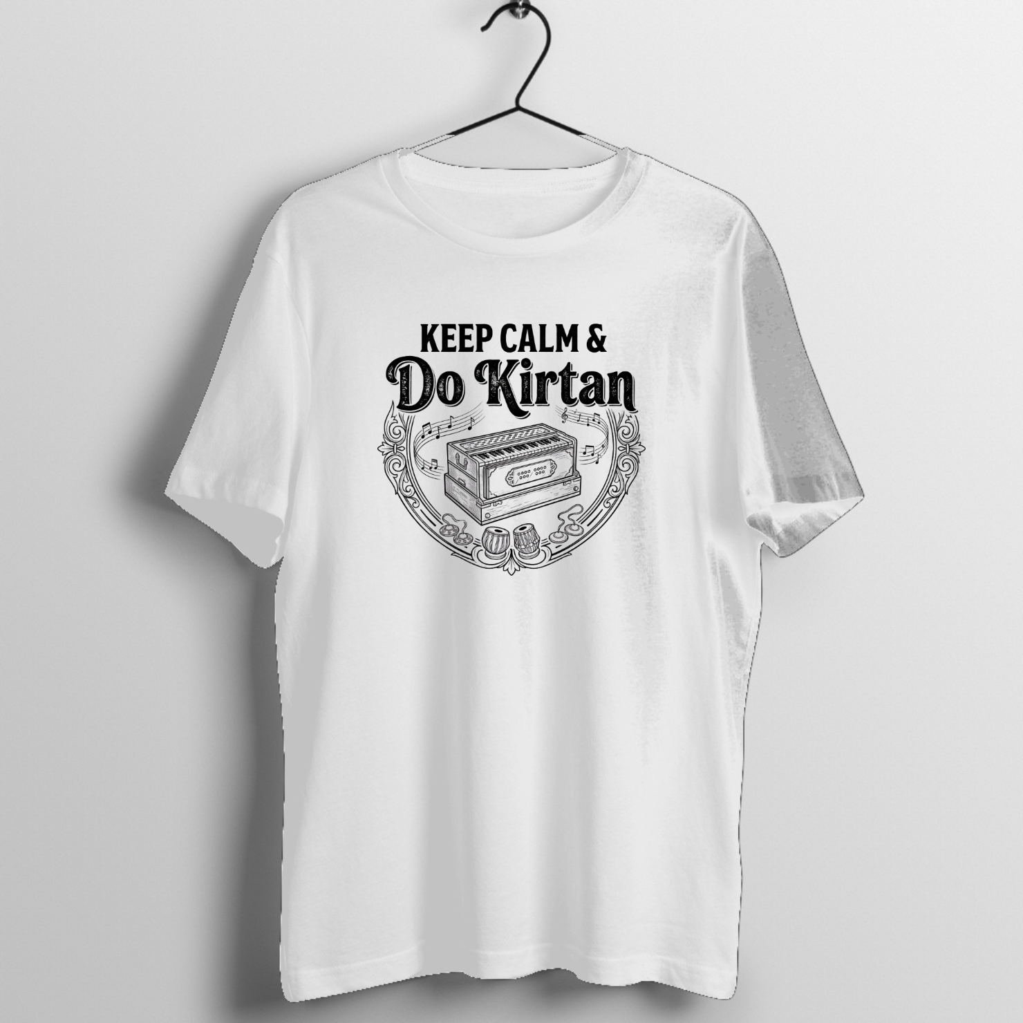 Keep Calm & Do Kirtan T-Shirt | Harmonium Tabla Bhajan Tee - Official Music Merchandise - Official Tabla Music Merchandise Graphic T-Shirt Mockup (BA-N67O9010MA)