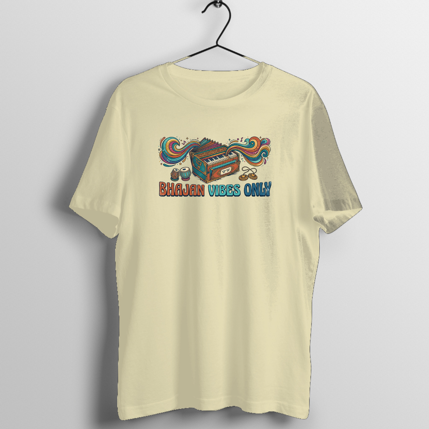 Bhajan Vibes Only T-Shirt | Retro Harmonium & Tabla Tee - Official Music Merchandise - Official Tabla Music Merchandise Graphic T-Shirt Mockup (BA-N67ZW014DA)