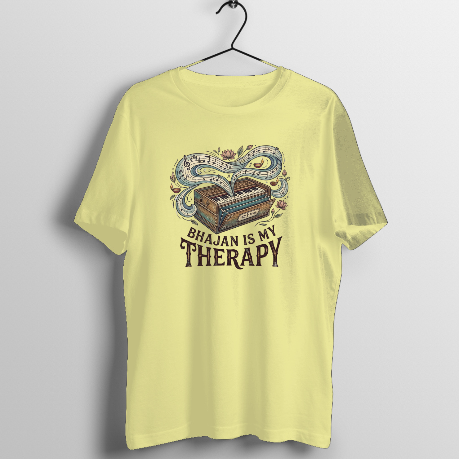 Bhajan Is My Therapy T-Shirt | Harmonium Sa Re Ga Ma Tee - Official Music Merchandise - Official Tabla Music Merchandise Graphic T-Shirt Mockup (BA-N6828015LM)