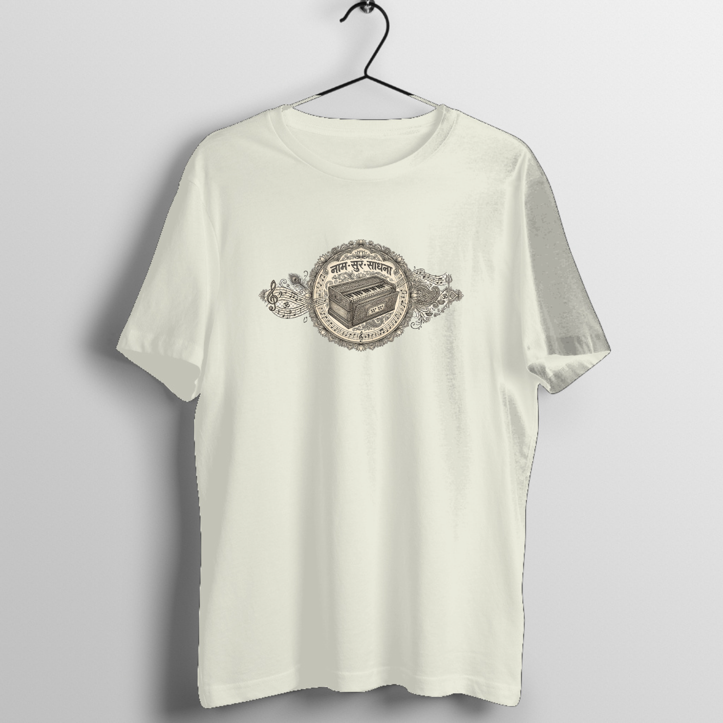 Naam Sur Sadhana (नाम सुर साधना) Harmonium T-Shirt | Om Bhakti Tee - Official Music Merchandise - Official Tabla Music Merchandise Graphic T-Shirt Mockup (BA-N6853016XJ)