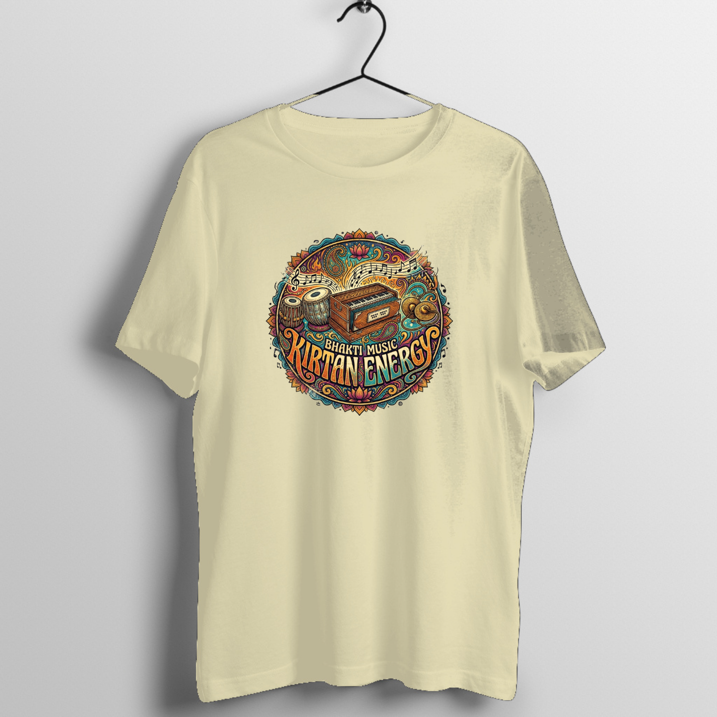 Kirtan Energy Bhakti Music T-Shirt | Harmonium Tabla Mandala Tee - Official Music Merchandise - Official Tabla Music Merchandise Graphic T-Shirt Mockup (BA-N686U017AU)