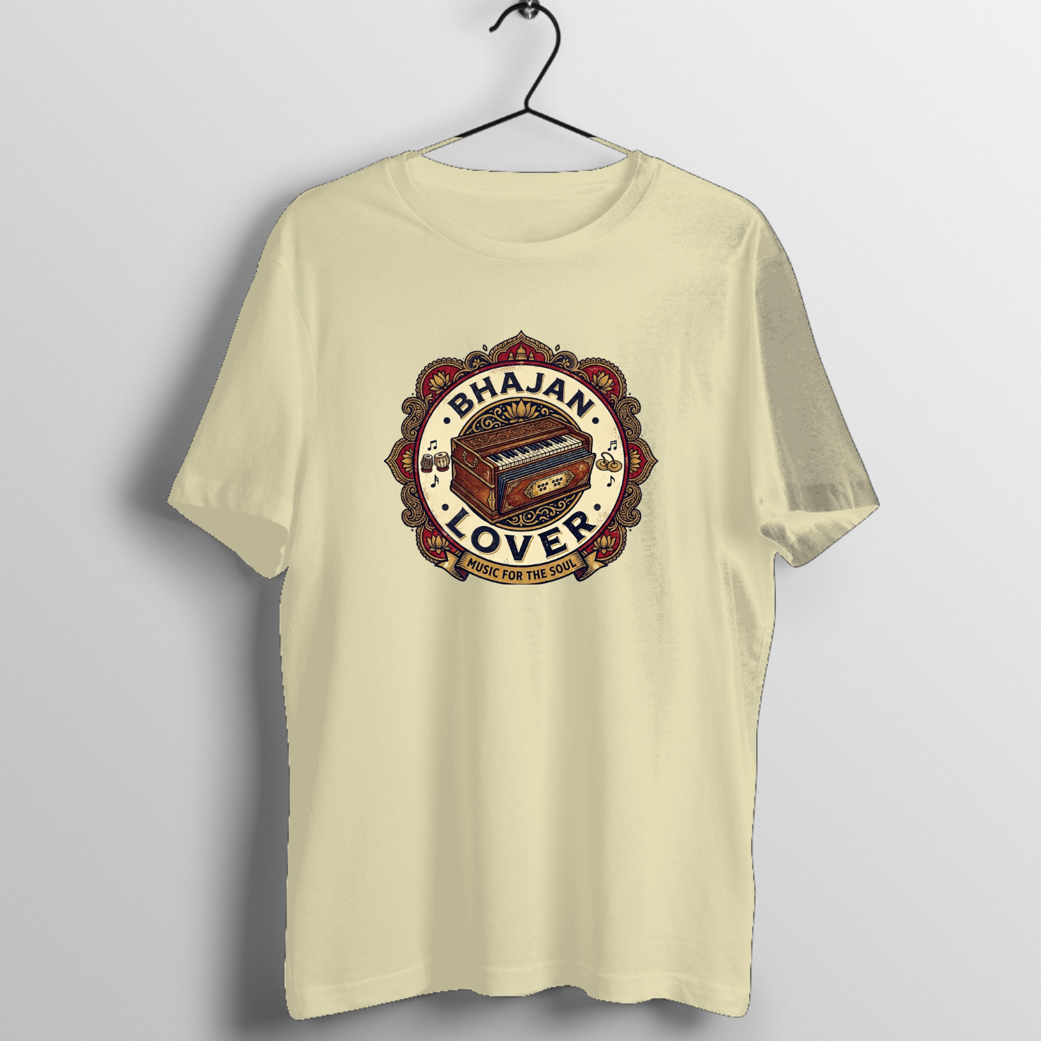 Bhajan Lover Harmonium T-Shirt | Music For The Soul Vintage Tee - Official Music Merchandise - Official Tabla Music Merchandise Graphic T-Shirt Mockup (BA-N68IQ019GB)