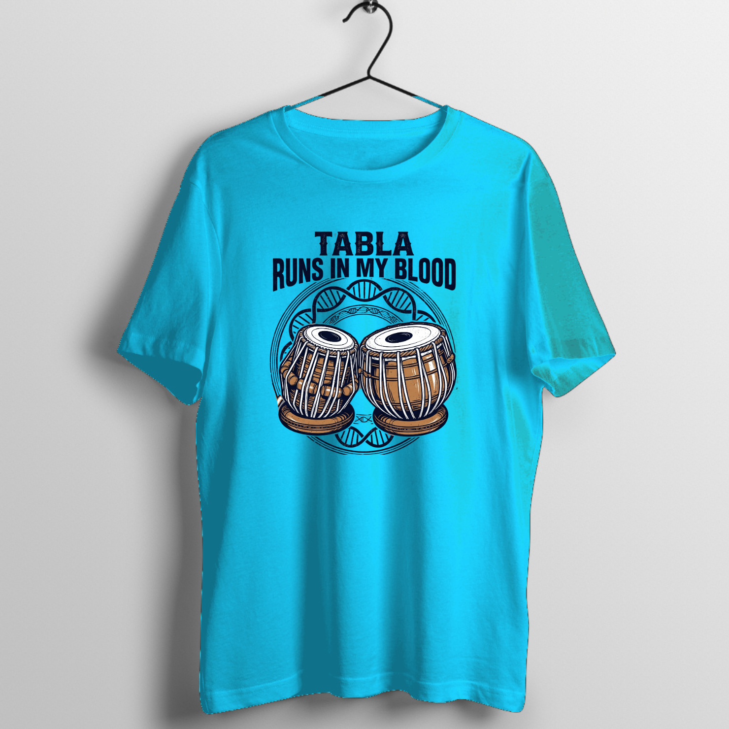 Tabla Runs In My Blood DNA Indian Classical Graphic T-Shirt printed on premium rock music graphic t-shirt - Front Mockup