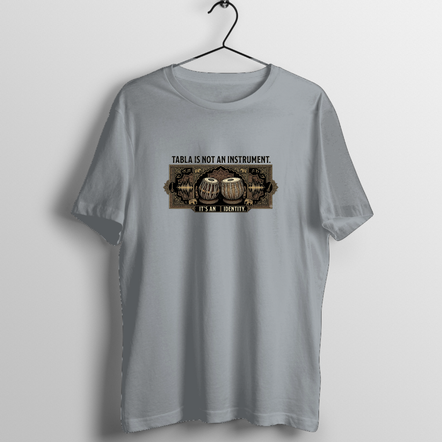 Tabla Is Not An Instrument Identity Graphic T-Shirt printed on premium rock music graphic t-shirt - Front Mockup